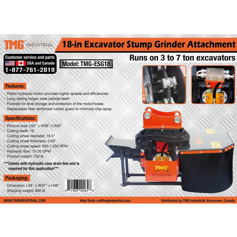 TMG Industrial 18" Excavator Stump Grinder Attachment, 3 to 7-ton Carrier, 13-20 GPM, Case Drain Line, TMG-ESG18