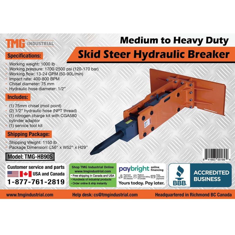 TMG Industrial 45-100 HP Skid Steer Hydraulic Hammer Breaker, 3” Moil Point Chisel, 785 J Impact Energy, Universal Mount, TMG-HB90S