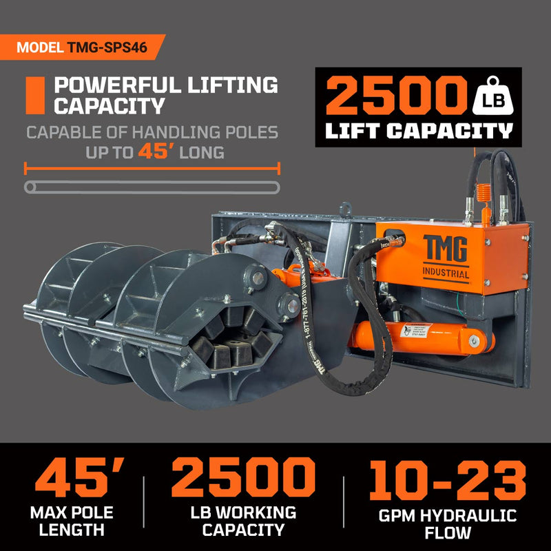 TMG Industrial 2500-lb Skid Steer Pole Setter, 45' Pole Capacity, 0°-100° Claw Rotation, Jaw Claw Opening 4" to 20", TMG-SPS46