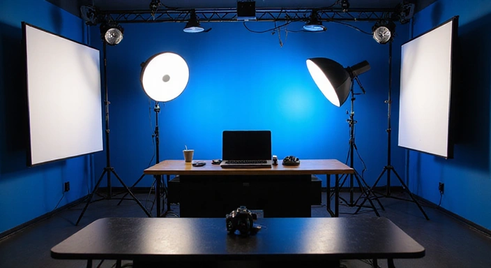 Configuration d'éclairage de studio avec des softbox, des anneaux lumineux et des lumières LED pour le streaming
