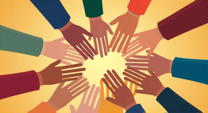 Mains diverses se joignant au centre, symbolisant la communauté et la collaboration