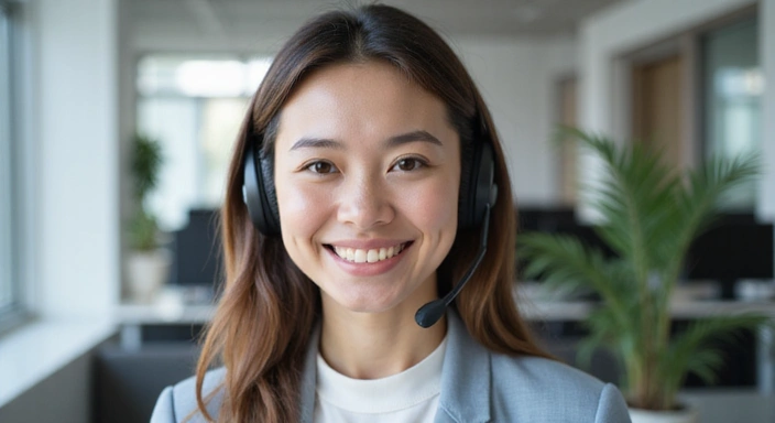 Opérateur de service client souriant avec un casque, prêt à aider
